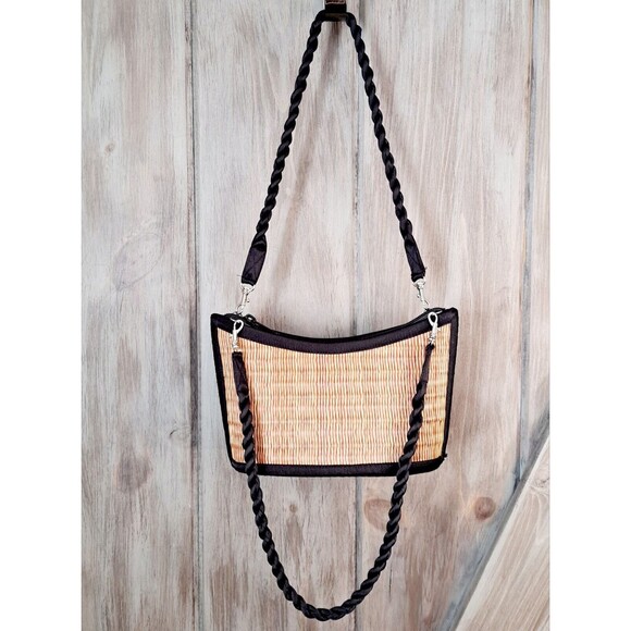 Bamboo Weave Purse Handbag Satin Trim Vacation Resort Travel Boho Beach Date - Picture 3 of 16